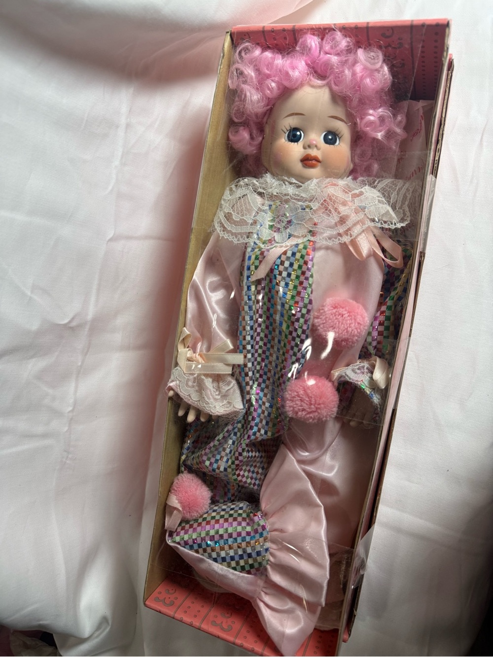 Pink Curly-Haired Clown Doll with Lace Collar and Pom-Pom Accents - Picture 2 of 2